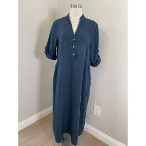 Francesca Bettini Womens Medium Linen Cotton Midi Dress Blue Roll Tab Sleeve